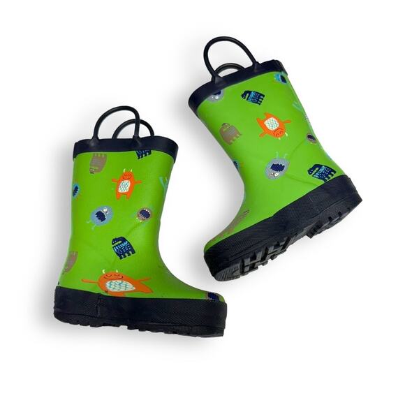 5/$65 Carter's Boys Rain Boots Sz 5 Green Navy Blue Orange Monsters Pull On - Picture 3 of 9